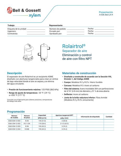 Rolairtrol Air Separator NPT with Strainer Submittal (A-326.5es-LA H)