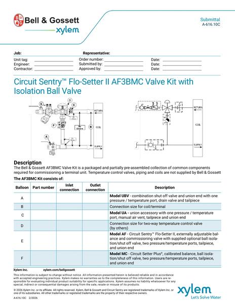 Circuit Sentry Flo-Setter II Model AF3BMC Valve Kit with Isolation Ball Valve Submittal (A 616.10C)