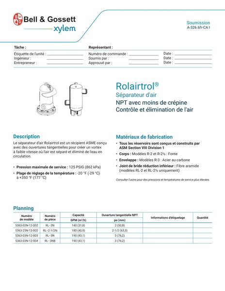 Rolairtrol Air Separator NPT Less Stainer Submittal (A-326.6fr-CA I)