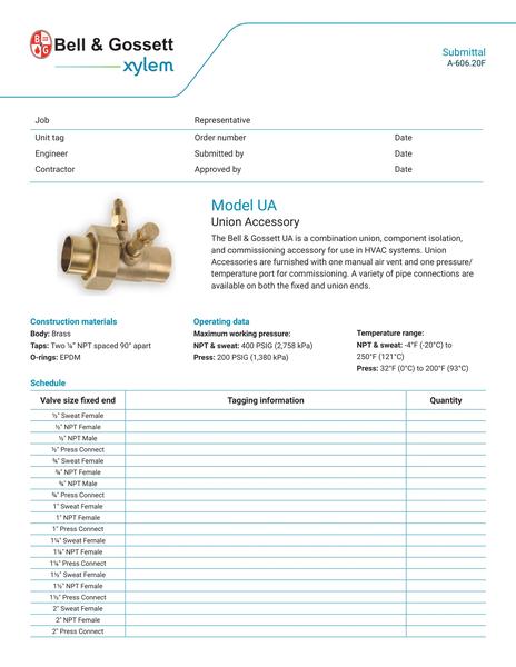 Model UA Union Accessory Submittal (A-606.20F)