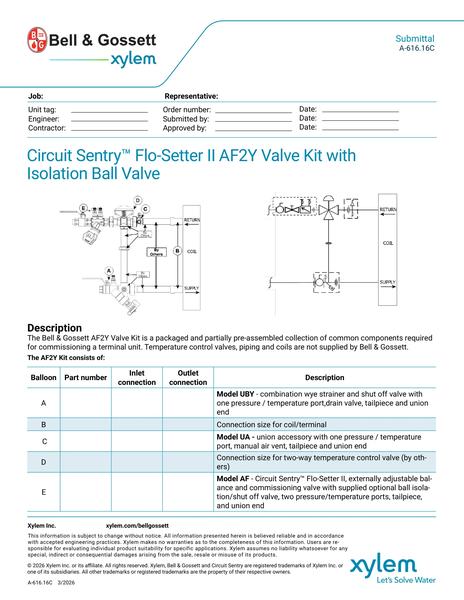 Circuit Sentry Flo-Setter II Model AF2Y Valve Kit with Isolation Ball Valve Submittal (A 616.16C)