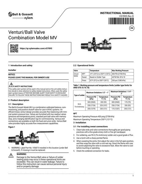 Venturi Ball Valve Combination Model MV IOM EN (V57895 Rev D)