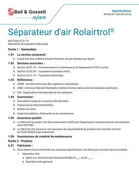 Rolairtrol Air Separator Specifications (BG-ROLSP-100073fr-CA  R2)