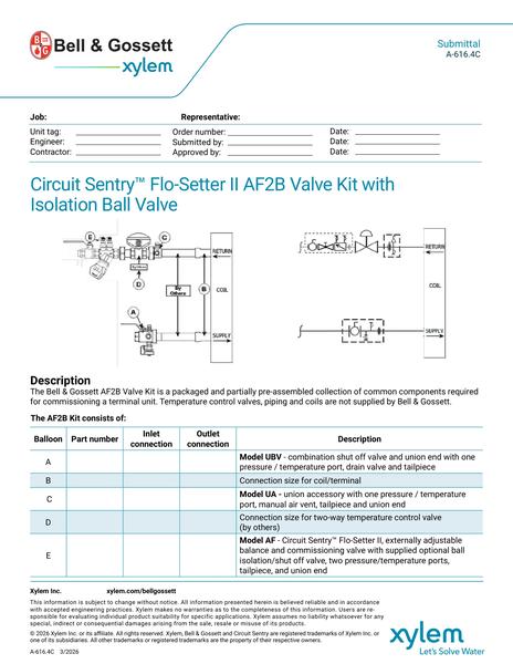 Circuit Sentry Flo-Setter II Model AF2B Valve Kit with Isolation Ball Valve Submittal (A 616.4C)