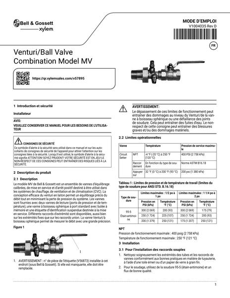Venturi Ball Valve Combination Model MV IOM fr-CA (V1004035 Rev D)
