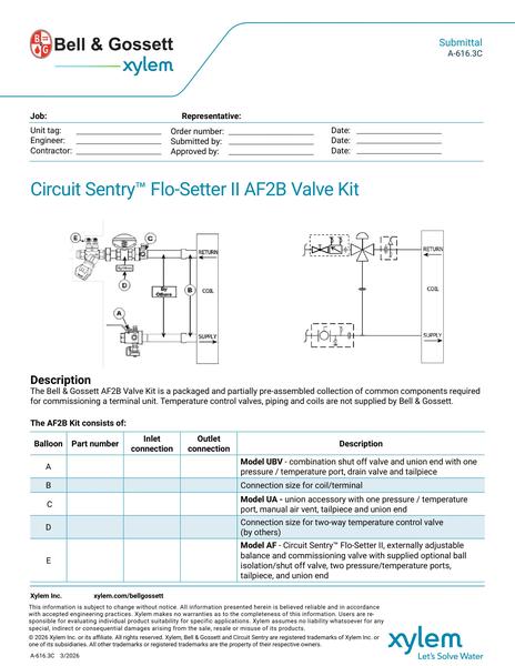 Circuit Sentry Flo-Setter II Model AF2B Valve Kit Submittal (A 616.3C)