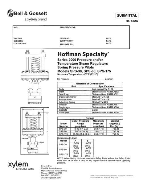 Hoffman Specialty Series 2000 Pressure and/or Temperature Steam Regulators SPS-30, SPS-60, SPS-175 Spring Pressure Pilots (HS 622A)