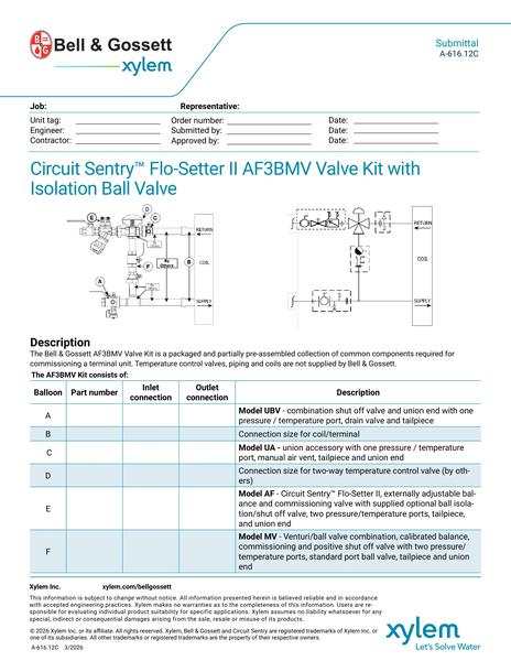 Circuit Sentry Flo-Setter II Model AF3BMV Valve Kit with Isolation Ball Valve Submittal (A 616.12C)