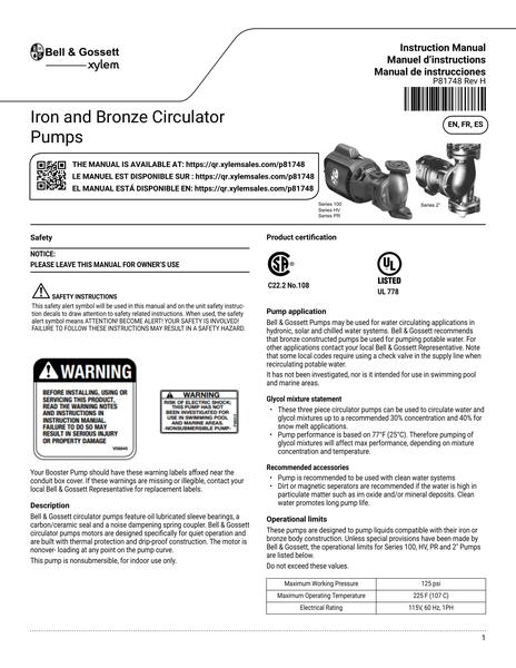 Iron and Bronze Circulator Pumps IOM EN FR ES (P81748 Rev J)
