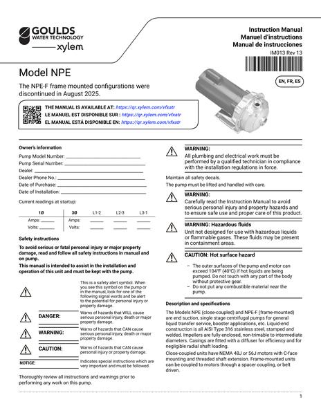 Model NPE Frame Mounted Pump IOM EN FR ES (IM013 Rev 13)