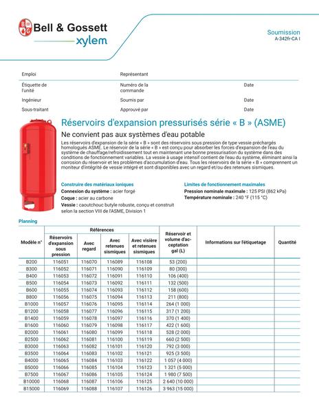 Series B (ASME) Pressurized Expansion Tanks Submittal (A-342fr-CA I)