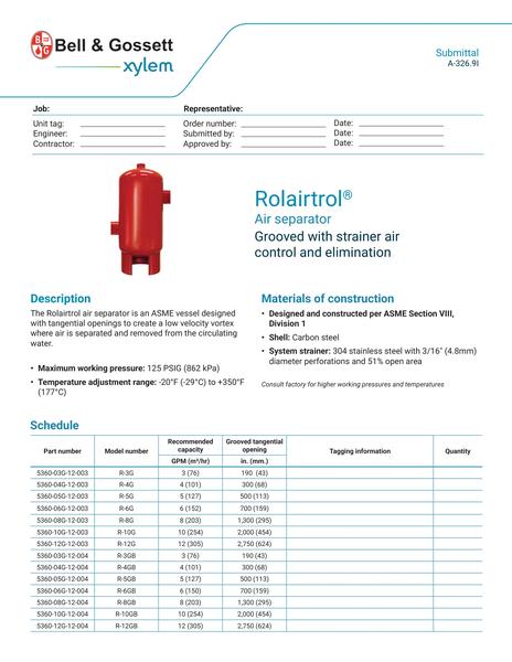 Rolairtrol Air Separator Grooved with Strainer Submittal (A-326.9I)