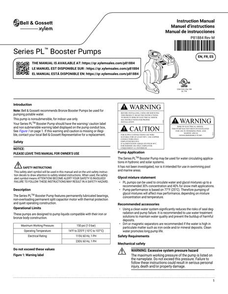Series PL Booster Pumps IOM EN FR ES (P81884 Rev M)