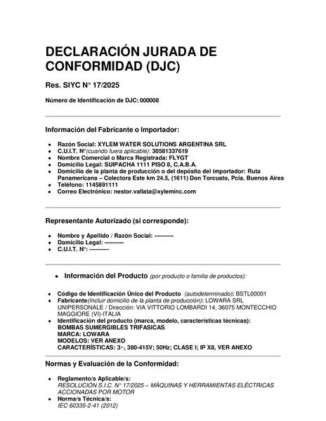 XYLEM - DJPC M 8078-4 REV A LOWARA SUMERGIBLES TRI 2024-11 CONSTANCIA-DJPC-CARATULA-CERTIFICADO-NOTA SEGUIMIENTO