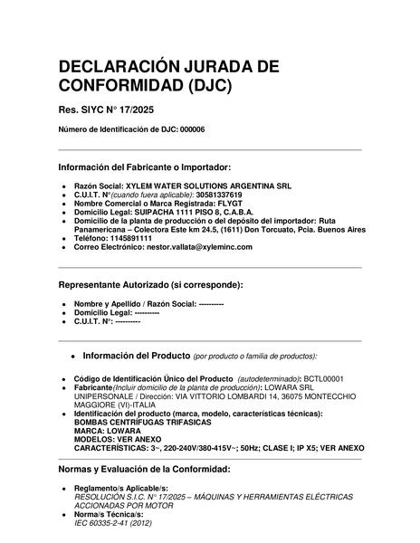 XYLEM - DJPC M 8078-2 LOWARA CENTRIFUGAS TRIFASICAS 2024-11 CONSTANCIA-DJPC-CARATULA-CERTIF-NOTA SEGUIMIENTO