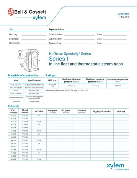 Series I In-line float and thermostatic steam traps Submittal (HS-231 D)