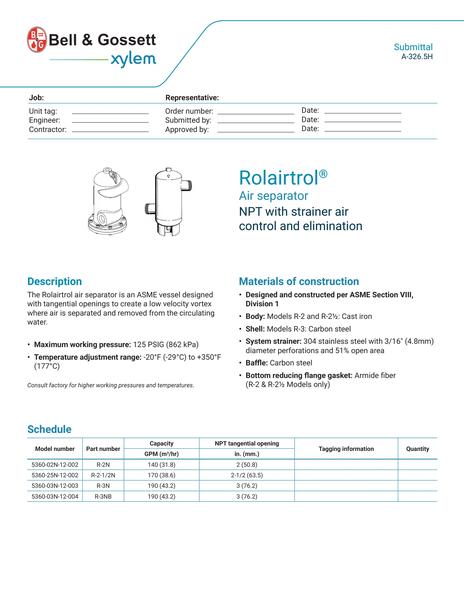 Rolairtrol Air Separator NPT with Strainer Submittal (A-326.5H)