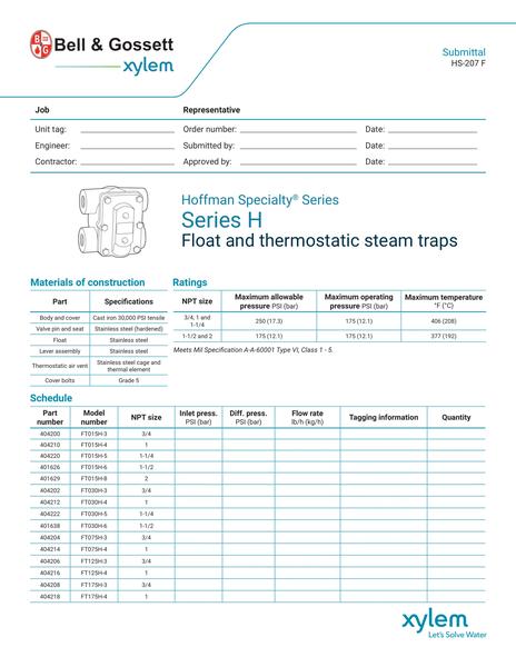 Series H Float and Thermostatic Steam Traps Submittal (HS-207 F)