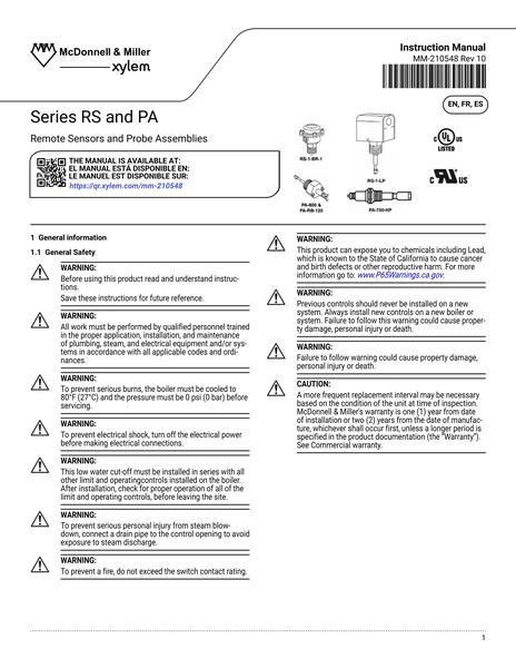 Series RS and PA Remote Sensors and Probe Assemblies IOM EN fr-CA es-LA (MM-210548 Rev 10)