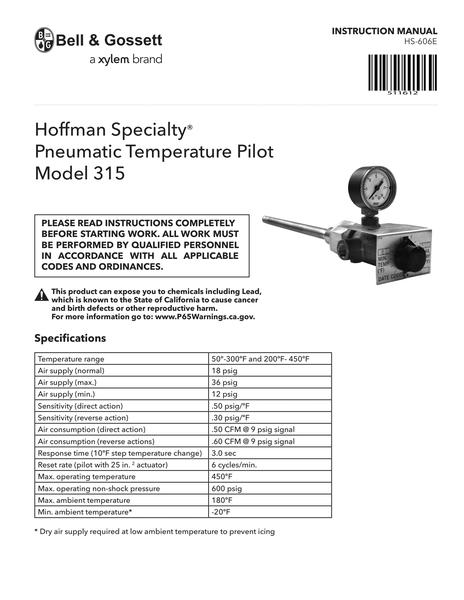 Hoffman Specialty Pneumatic Temperature Pilot Model 315 (HS 606)