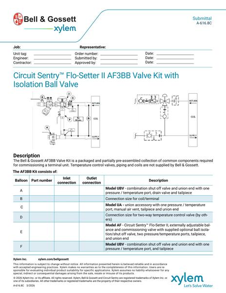 Circuit Sentry Flo-Setter II Model AF3BB Valve Kit with Isolation Ball Valve Submittal (A 616.8C)