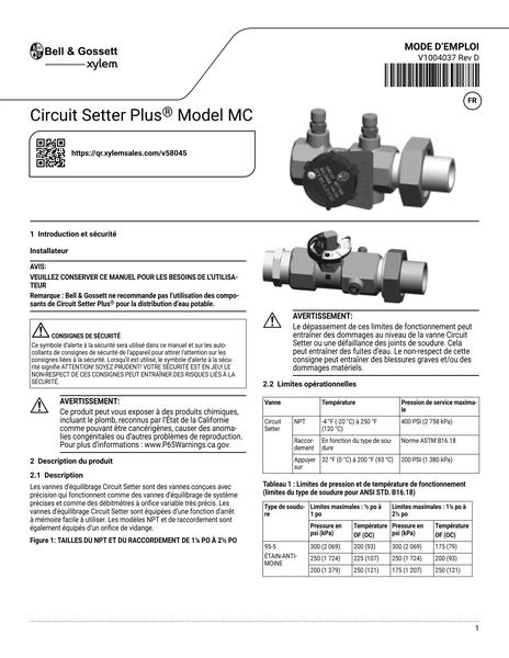 Circuit Setter Plus Model MC IOM fr-CA (V1004037 Rev D)