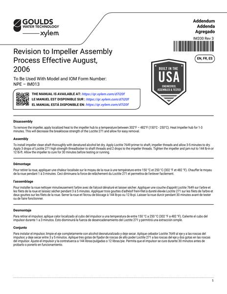 Revision to Impeller Assembly for NPE Addendum EN FR ES (IM200 Rev 3)