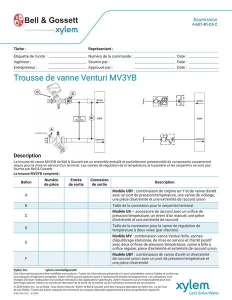 Venturi MV3YB Valve Kit Submittal fr-CA (A 607.4fr-CA C)
