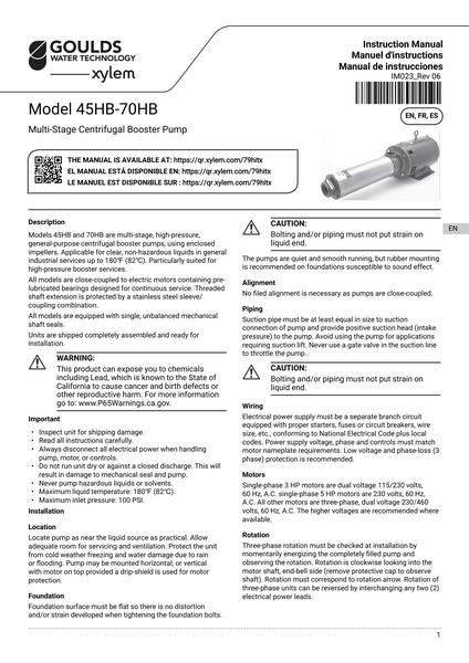 Model 45HB-70HB Multi-Stage Centrifugal Booster Pump IOM EN FR ES (IM023 Rev 6)