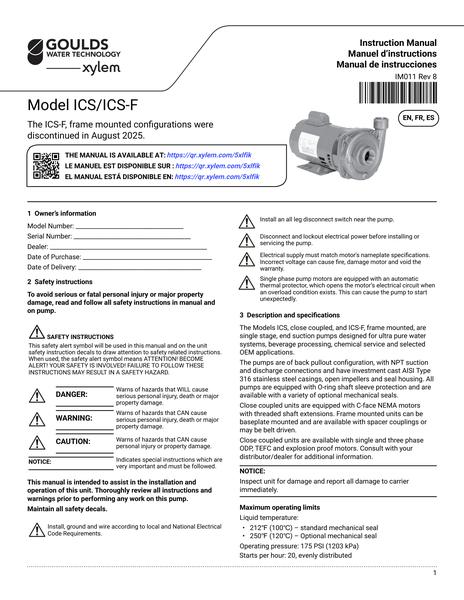 Model ICS Single Stage End Suction Pumps IOM EN FR ES (IM011 Rev 8)