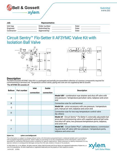 Circuit Sentry Flo-Setter II Model AF3YMC Valve Kit with Isolation Ball Valve Submittal (A 616.22C)