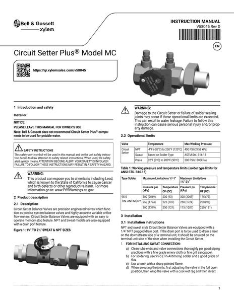 Circuit Setter Plus Model MC IOM EN (V58045 Rev D)