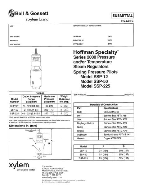 Hoffman Specialty Series 2000 Pressure and/or Temperature Steam Regulators SSP-12, SSP-50, SSP-225 Spring Pressure Pilots (HS 605C)