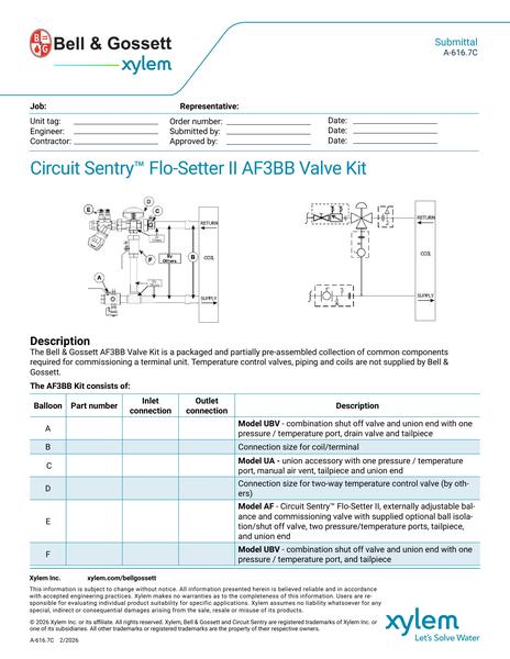 Circuit Sentry Flo-Setter II Model AF3BB Valve Kit Submittal (A 616.7C)