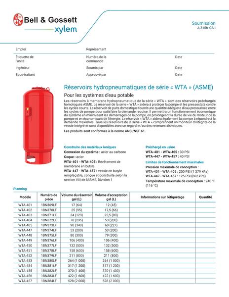 Series WTA (ASME) Hydro-Pneumatic Tanks Submittal (A 315fr-CA I)
