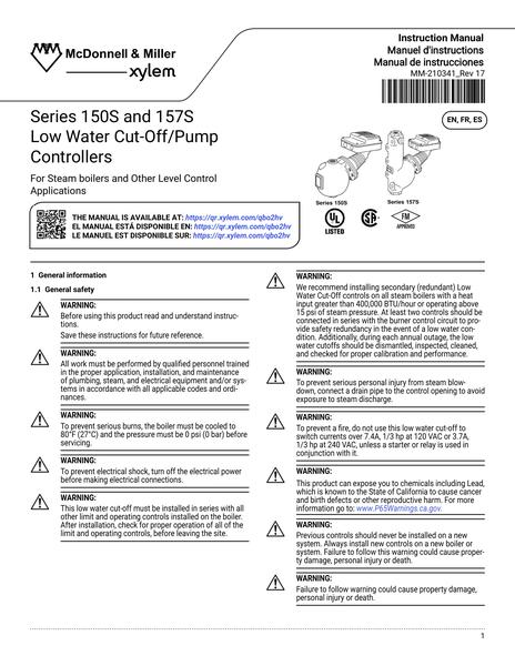 Series 150S and 157S Low Water Cut-Off Pump Controllers IOM EN FR ES (MM-210341 Rev 17)