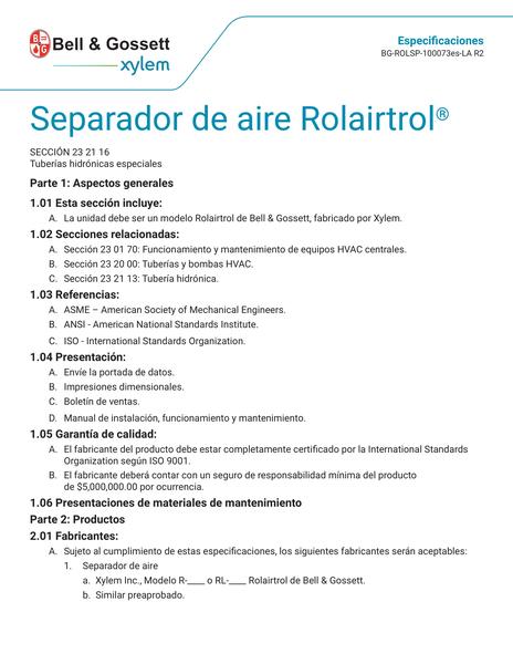 Rolairtrol Air Separator Specifications (BG-ROLSP-100073es-LA  R2)