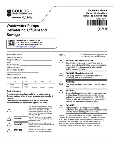 Wastewater Pumps Dewatering, Effluent and Sewage IOM EN FR ES (IM107 Rev 14)