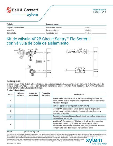 Circuit Sentry Flo-Setter II Model AF2B Valve Kit with Isolation Ball Valve Submittal es-LA (A 616.4es-LA C)
