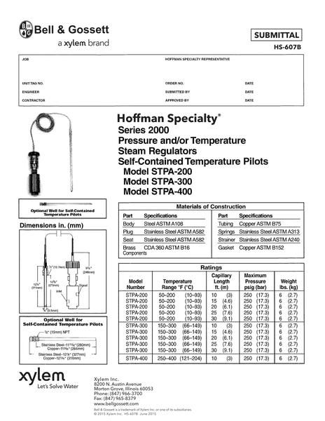 Hoffman Specialty Series 2000 Pressure and/or Temperature Steam Regulators STPA-200, STPA-300, STPA-400 Self-Contained Temperature Pilots (HS 607B)