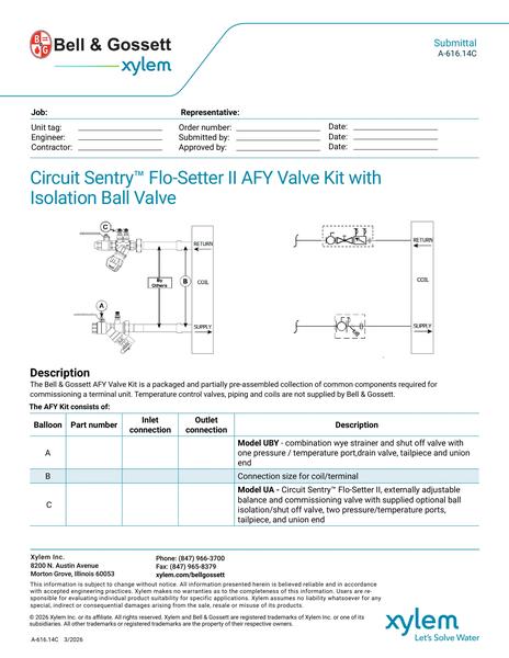 Circuit Sentry Flo-Setter II Model AFY Valve Kit with Isolation Ball Valve Submittal (A 616.14C)