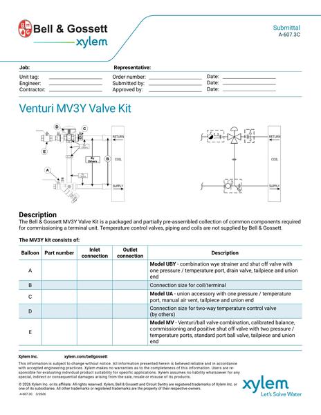 Venturi MV3Y Valve Kit Submittal (A 607.3C)