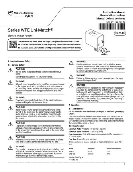 Series WFE Uni-Match Electric Water Feeder IOM EN FR ES (MM-211163 Rev 10)