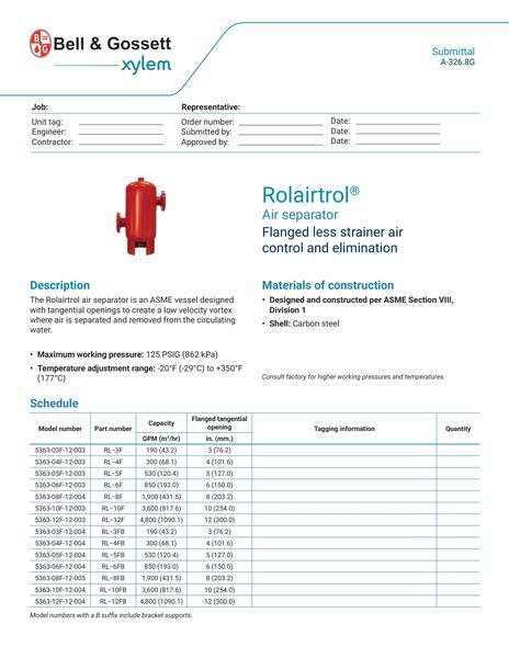 Rolairtrol Air Separator Flanged Less Strainer Submittal (A-326.8G)