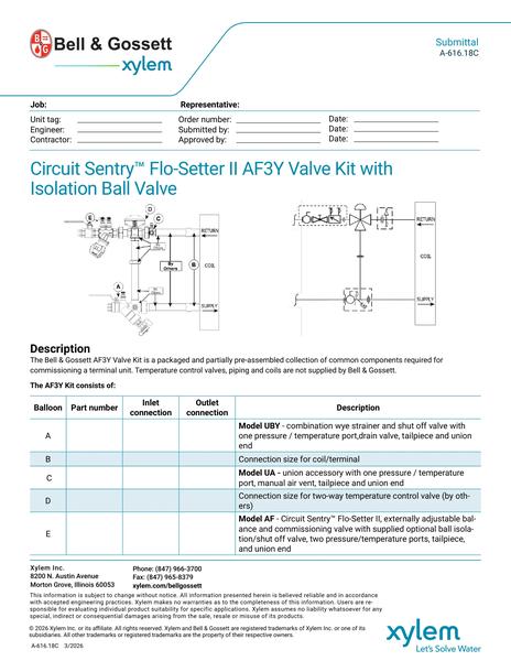 Circuit Sentry Flo-Setter II Model AF3Y Valve Kit with Isolation Ball Valve Submittal (A 616.18C)
