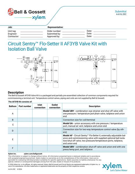 Circuit Sentry Flo-Setter II Model AF3YB Valve Kit with Isolation Ball Valve Submittal (A 616.20C)