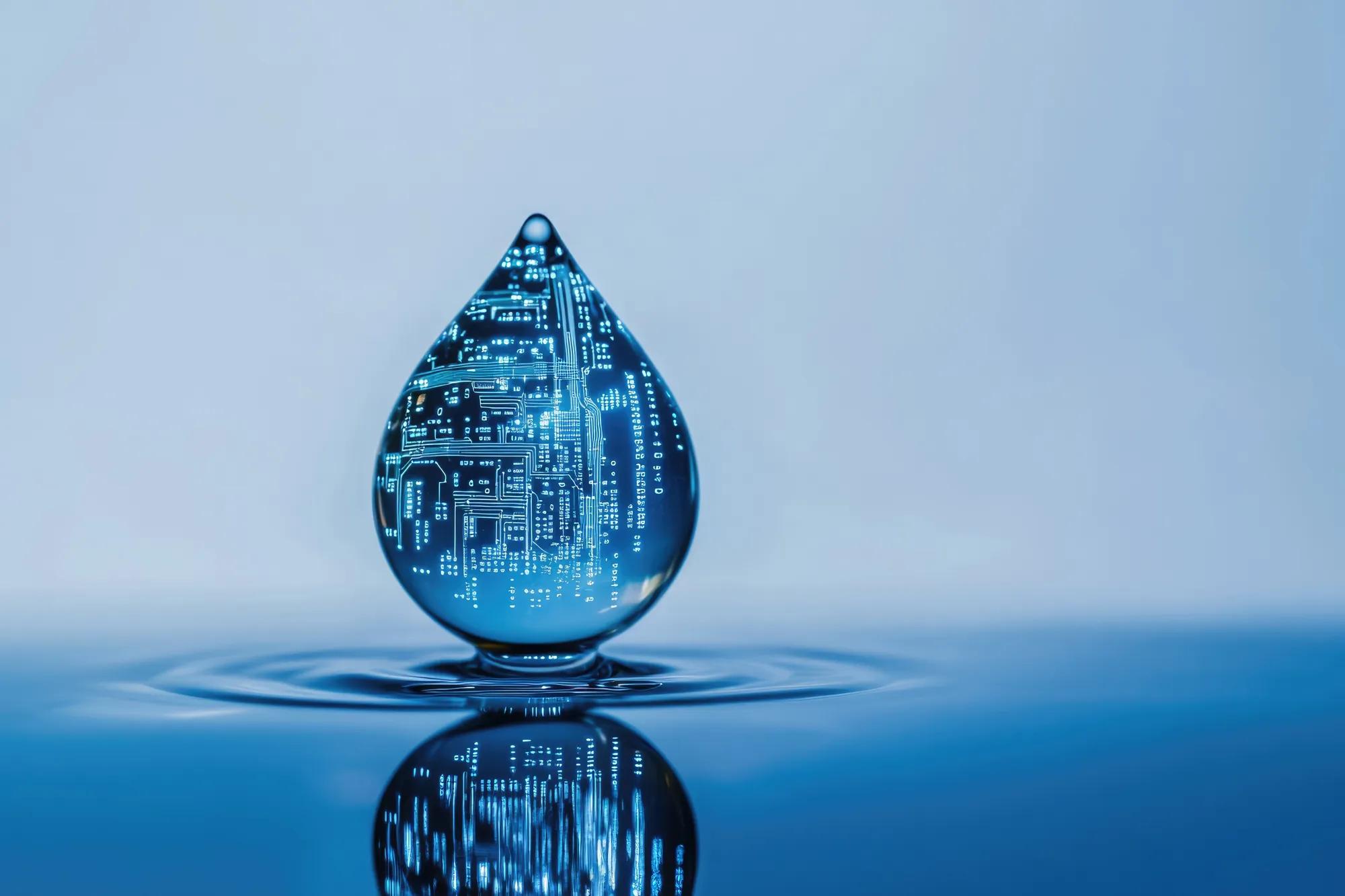 A water droplet reflecting a circuit board, symbolizing technology's impact on water resources.