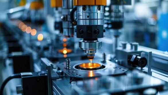 An intricate piece of machinery illustrates high-tech manufacturing with vibrant components, glowing operations, and a metallic aesthetic. The background is blurred, enhancing focus on the details.