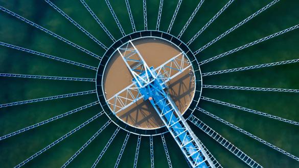 Aerial View of Drinking water treatment plant. Microbiology of drinking water production and distribution, water treatment plant. Microbiology of drinking water production and distribution concept