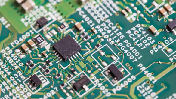 Close up of electronic components on the motherboard, microprocessor chip